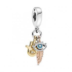 Charm colgante en plata Mano de Fátima, Ojo Turco & Pluma