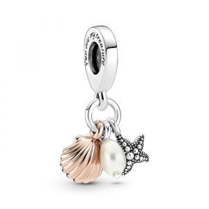 Charm Colgante Triple Concha, Perla Cultivada de Agua Dulce y Estrella de Mar