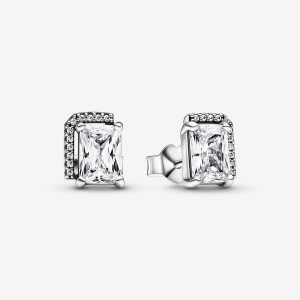 Pendientes de botón Halo Rectangular Brillante
